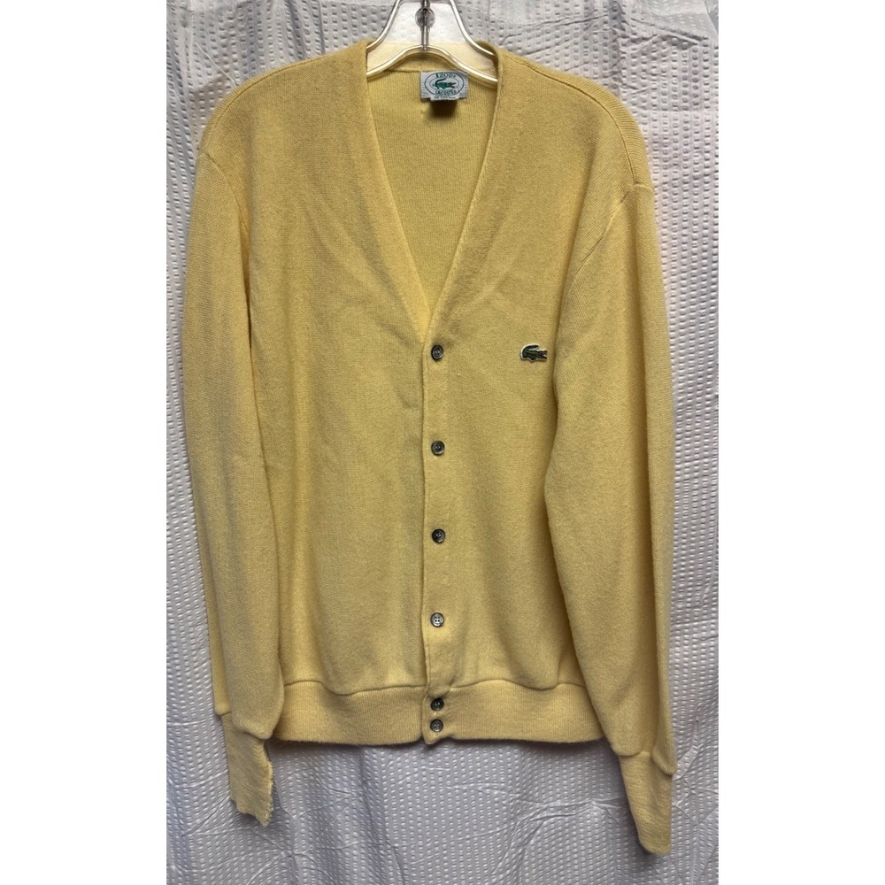 Vintage Izod Lacoste Cardigan Sweater Mens Large Yellow Grandpa Preppy USA Croc